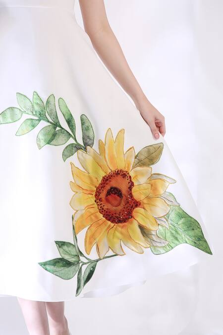 Ozeqo_White Neoprene Embroidery Off-shoulder Floral Hand Midi Dress With Cape _Online_at_Aza_Fashions