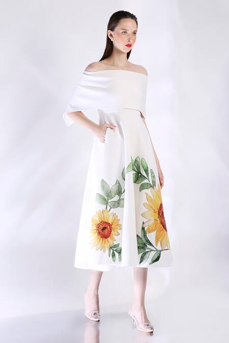 Buy_Ozeqo_White Neoprene Embroidery Off-shoulder Floral Hand Midi Dress With Cape _Online_at_Aza_Fashions