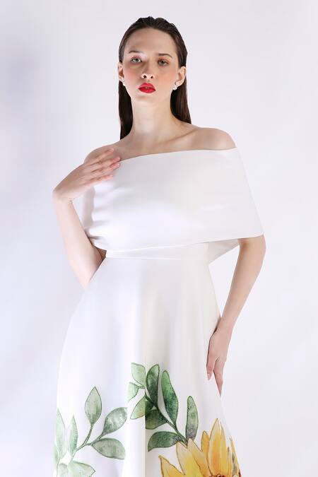 Shop_Ozeqo_White Neoprene Embroidery Off-shoulder Floral Hand Midi Dress With Cape _Online_at_Aza_Fashions