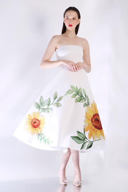 Ozeqo White Neoprene Embroidery Off-shoulder Floral Applique Midi Dress 