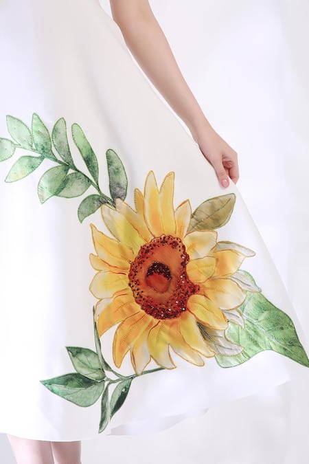 Buy_Ozeqo_White Neoprene Embroidery Off-shoulder Floral Applique Midi Dress _Online_at_Aza_Fashions