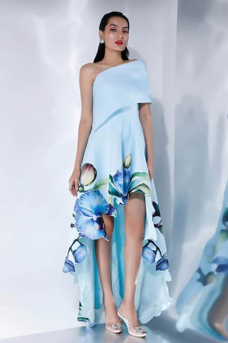 Ozeqo White Neoprene Off-shoulder Asymmetric Orchid Print Dress With Cape