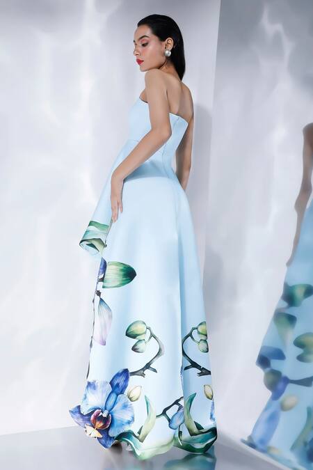 Ozeqo White Neoprene Off-shoulder Asymmetric Orchid Print Dress With Cape Online at Aza Fashions Ozeqo_White Neoprene Off-shoulder Asymmetric Orchid Print Dress With Cape _Online_at_Aza_Fashions