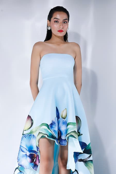 Ozeqo Blue Neoprene Off-shoulder Asymmetric Orchid Printed Dress Online at Aza Fashions Ozeqo_Blue Neoprene Off-shoulder Asymmetric Orchid Printed Dress _Online_at_Aza_Fashions