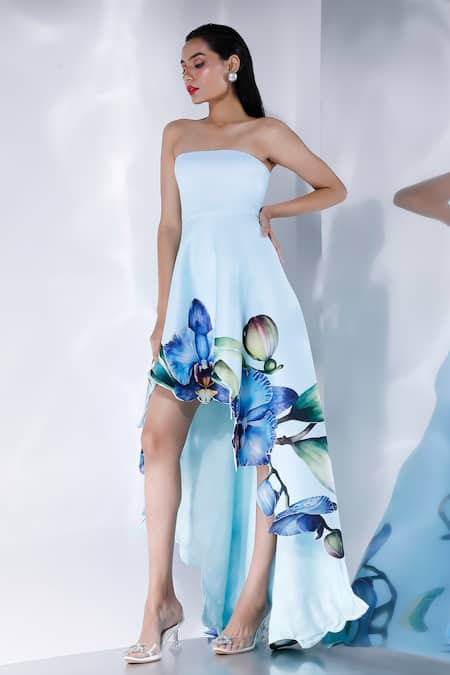 Shop Ozeqo Blue Neoprene Off-shoulder Asymmetric Orchid Printed Dress Online at Aza Fashions Shop_Ozeqo_Blue Neoprene Off-shoulder Asymmetric Orchid Printed Dress _Online_at_Aza_Fashions
