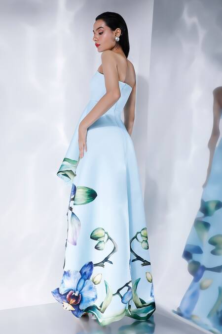 Buy Ozeqo White Neoprene Bandeau Neck, Asymmetric Orchid Printed Dress And Corset Buy_Ozeqo_White Neoprene Bandeau Neck, Asymmetric Orchid Printed Dress And Corset