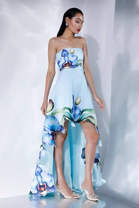 Shop Ozeqo White Neoprene Bandeau Neck, Asymmetric Orchid Printed Dress And Corset Shop_Ozeqo_White Neoprene Bandeau Neck, Asymmetric Orchid Printed Dress And Corset