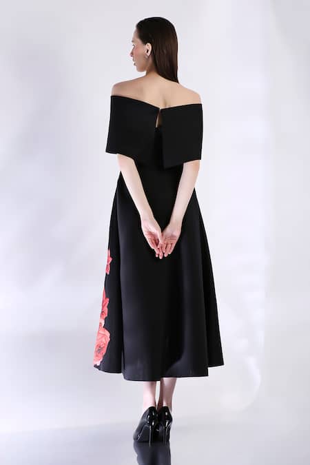 Shop_Ozeqo_Black Neoprene Beads Off-shoulder Floral Embroidered Midi Dress With Cape _at_Aza_Fashions