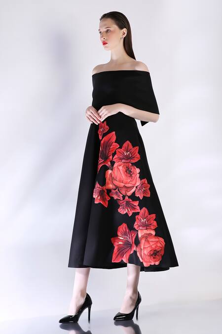 Buy_Ozeqo_Black Neoprene Beads Off-shoulder Floral Embroidered Midi Dress With Cape _Online_at_Aza_Fashions