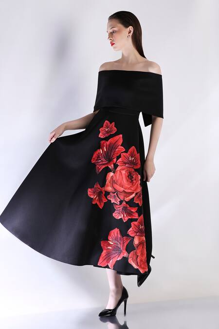 Shop_Ozeqo_Black Neoprene Beads Off-shoulder Floral Embroidered Midi Dress With Cape _Online_at_Aza_Fashions