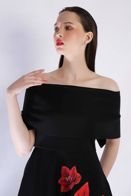 Ozeqo_Black Neoprene Beads Off-shoulder Floral Embroidered Midi Dress With Cape _at_Aza_Fashions
