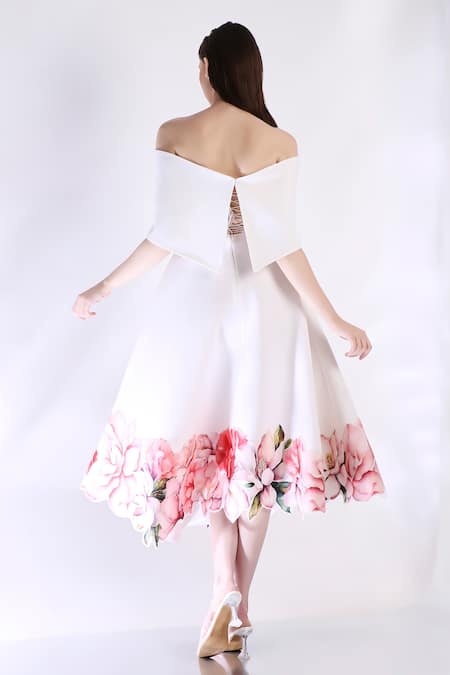 Shop_Ozeqo_White Neoprene Embroidery Sweetheart Neck Rose Printed Midi Dress With Cape _at_Aza_Fashions