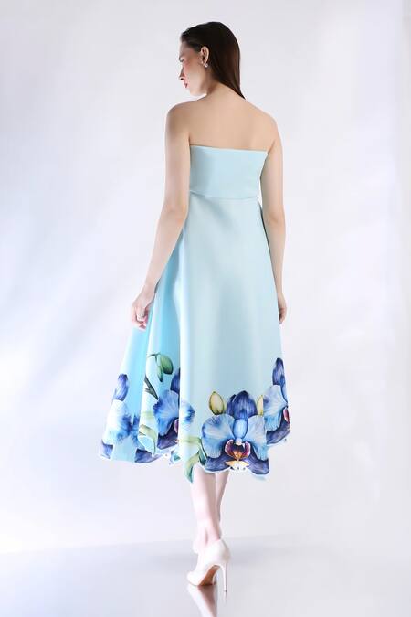 Shop_Ozeqo_Blue Neoprene Open Neck Rose Printed Midi Dress _at_Aza_Fashions