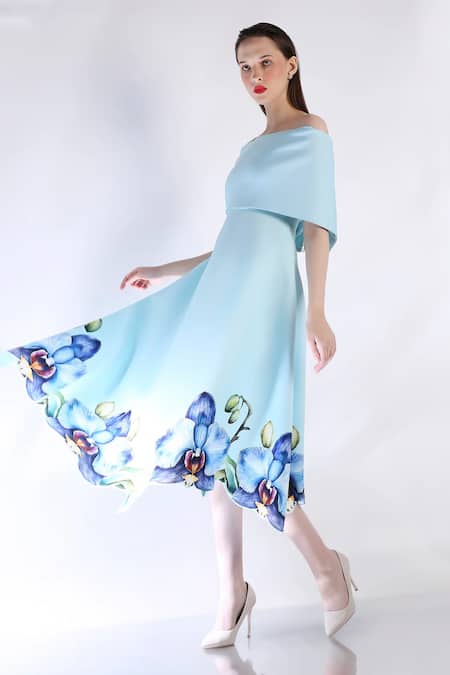 Ozeqo_Blue Neoprene Open Neck Rose Printed Midi Dress _Online_at_Aza_Fashions