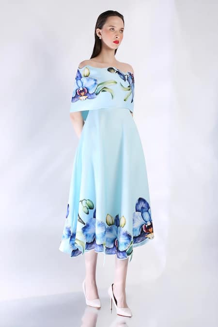 Ozeqo_Blue Neoprene Embroidery Square Neck Rose Print Midi Dress With Cape _Online_at_Aza_Fashions