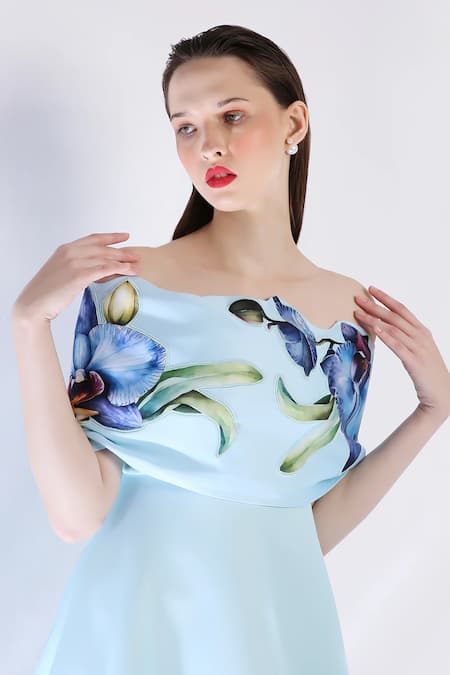 Buy_Ozeqo_Blue Neoprene Embroidery Square Neck Rose Print Midi Dress With Cape _Online_at_Aza_Fashions