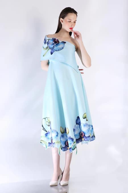 Shop_Ozeqo_Blue Neoprene Embroidery Square Neck Rose Print Midi Dress With Cape _Online_at_Aza_Fashions