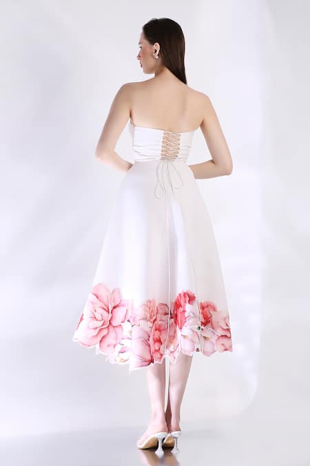 Shop_Ozeqo_White Neoprene Cut Work Sweetheart Neck Rose Printed Strapless Midi Dress _at_Aza_Fashions