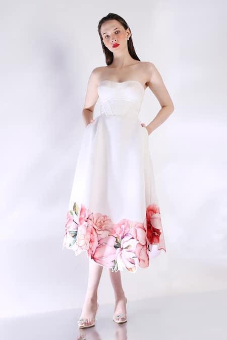 Shop_Ozeqo_White Neoprene Cut Work Sweetheart Neck Rose Printed Strapless Midi Dress _Online_at_Aza_Fashions