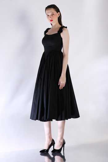 Ozeqo Black Cotton Embroidery, Fabric Flowers Sweetheart Neck 3d Hand Midi Dress Online at Aza Fashions Ozeqo_Black Cotton Embroidery, Fabric Flowers Sweetheart Neck 3d Hand Midi Dress _Online_at_Aza_Fashions