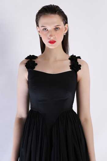 Buy Ozeqo Black Cotton Embroidery, Fabric Flowers Sweetheart Neck 3d Hand Midi Dress Online at Aza Fashions Buy_Ozeqo_Black Cotton Embroidery, Fabric Flowers Sweetheart Neck 3d Hand Midi Dress _Online_at_Aza_Fashions