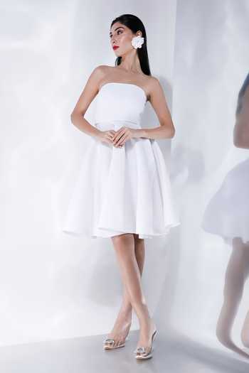 Ozeqo_White Neoprene Fabric Flowers Square Neck Hand Embroidered Dress With Straps _Online_at_Aza_Fashions