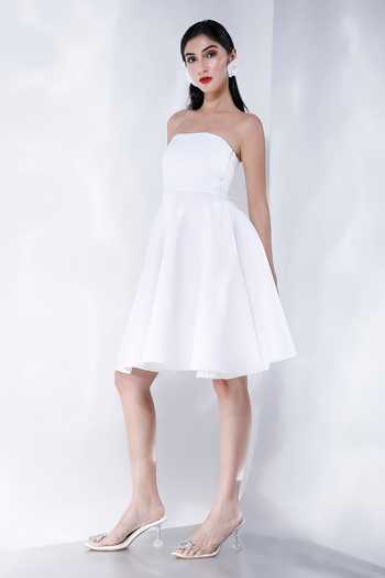 Buy_Ozeqo_White Neoprene Fabric Flowers Square Neck Hand Embroidered Dress With Straps _Online_at_Aza_Fashions