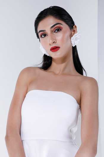 Shop_Ozeqo_White Neoprene Fabric Flowers Square Neck Hand Embroidered Dress With Straps _Online_at_Aza_Fashions