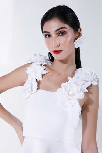 Ozeqo_White Neoprene Fabric Flowers Square Neck Hand Embroidered Dress With Straps _at_Aza_Fashions