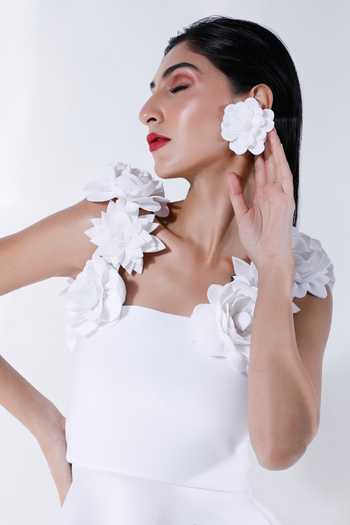 Buy_Ozeqo_White Neoprene Fabric Flowers Square Neck Hand Embroidered Dress With Straps 