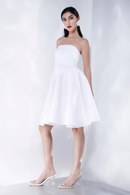 Ozeqo_White Neoprene Off-shoulder Solid Skater Dress _Online_at_Aza_Fashions