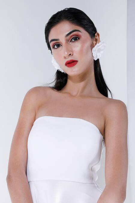 Buy_Ozeqo_White Neoprene Off-shoulder Solid Skater Dress _Online_at_Aza_Fashions