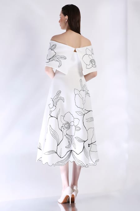 Shop Ozeqo White Neoprene Embroidery Off-shoulder Midi Dress With Cape at Aza Fashions Shop_Ozeqo_White Neoprene Embroidery Off-shoulder Midi Dress With Cape _at_Aza_Fashions