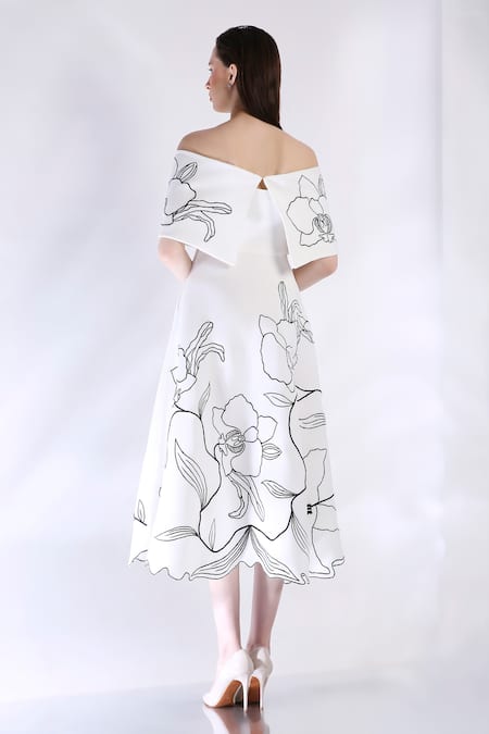 Ozeqo White Neoprene Embroidery Off-shoulder Midi Dress With Cape Online at Aza Fashions Ozeqo_White Neoprene Embroidery Off-shoulder Midi Dress With Cape _Online_at_Aza_Fashions