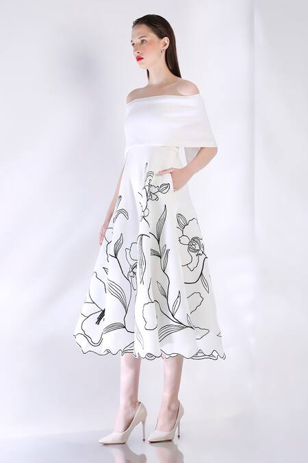 Shop Ozeqo White Neoprene Embroidery Off-shoulder Midi Dress With Cape Online at Aza Fashions Shop_Ozeqo_White Neoprene Embroidery Off-shoulder Midi Dress With Cape _Online_at_Aza_Fashions