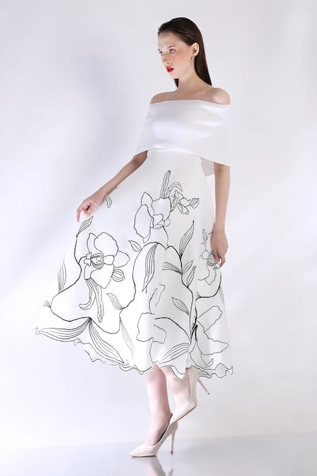 Ozeqo White Neoprene Embroidery Off-shoulder Midi Dress With Cape at Aza Fashions Ozeqo_White Neoprene Embroidery Off-shoulder Midi Dress With Cape _at_Aza_Fashions