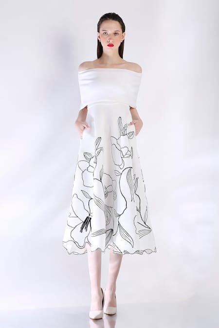 Buy Ozeqo White Neoprene Embroidery Off-shoulder Midi Dress With Cape Buy_Ozeqo_White Neoprene Embroidery Off-shoulder Midi Dress With Cape
