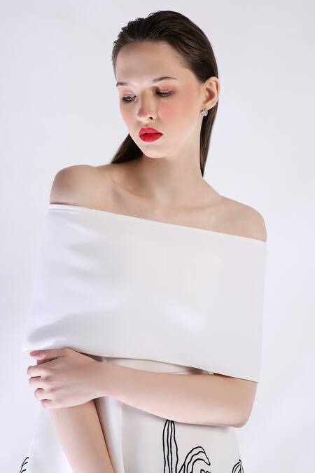 Shop Ozeqo White Neoprene Embroidery Off-shoulder Midi Dress With Cape Shop_Ozeqo_White Neoprene Embroidery Off-shoulder Midi Dress With Cape