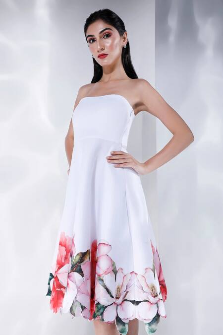 Buy_Ozeqo_White Neoprene Embroidery Off-shoulder Floral Cutwork Dress With Corset _Online_at_Aza_Fashions