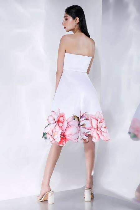 Shop_Ozeqo_White Neoprene Embroidery Off-shoulder Floral Cutwork Dress With Corset _Online_at_Aza_Fashions