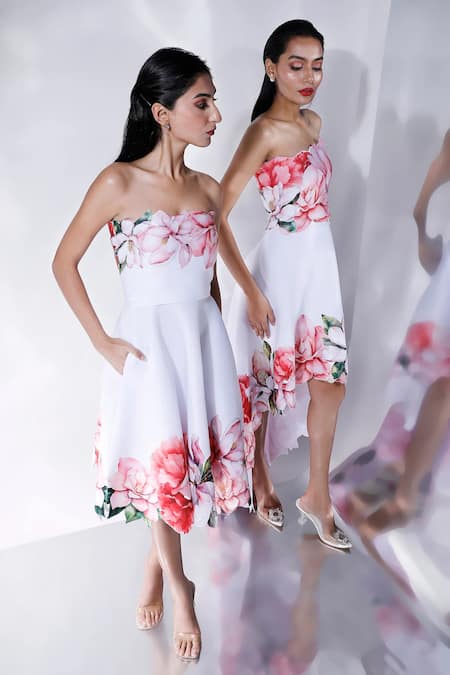 Ozeqo_White Neoprene Embroidery Off-shoulder Floral Cutwork Dress With Corset _at_Aza_Fashions