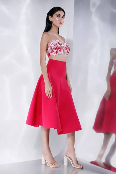 Ozeqo Floral Applique Crop Top & Solid Skirt 