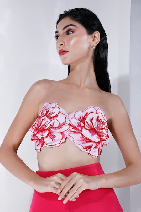Buy_Ozeqo_Pink Neoprene Beads, Sequins Sweetheart Floral Applique Crop Top And Solid Skirt _Online_at_Aza_Fashions