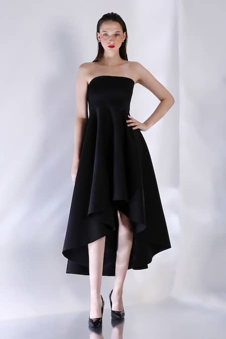 Ozeqo_Black Neoprene Crystals, Embroidery Asymmetric Dress And Stone Embellished Cape _Online_at_Aza_Fashions