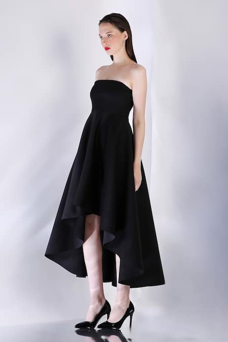 Buy_Ozeqo_Black Neoprene Crystals, Embroidery Asymmetric Dress And Stone Embellished Cape _Online_at_Aza_Fashions