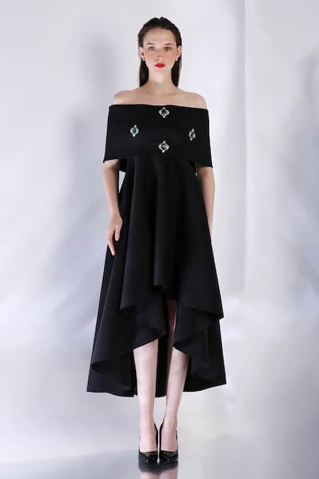Ozeqo_Black Neoprene Crystals, Embroidery Asymmetric Dress And Stone Embellished Cape _at_Aza_Fashions