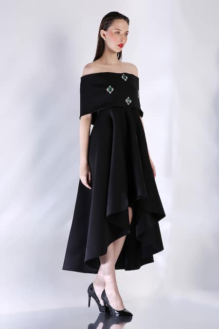Buy_Ozeqo_Black Neoprene Crystals, Embroidery Asymmetric Dress And Stone Embellished Cape 