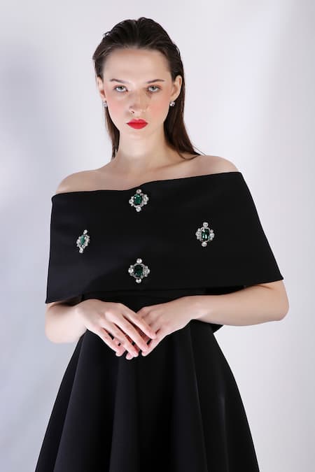 Shop_Ozeqo_Black Neoprene Crystals, Embroidery Asymmetric Dress And Stone Embellished Cape 