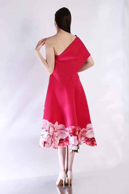 Shop_Ozeqo_Pink Neoprene Embroidery Off-shoulder Floral Print Asymmetric Dress And Cape _at_Aza_Fashions