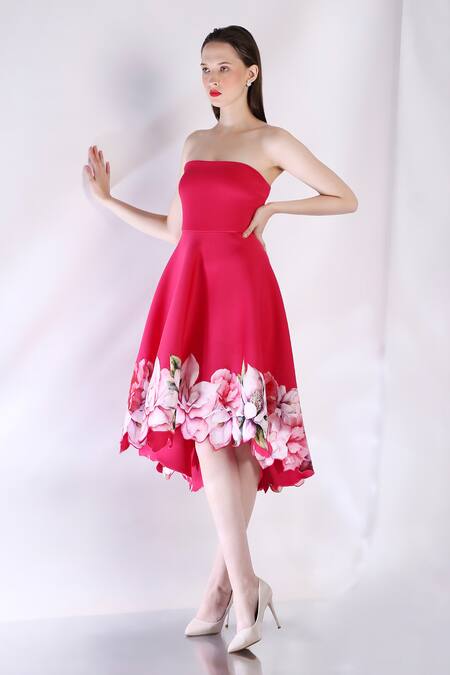 Ozeqo_Pink Neoprene Embroidery Off-shoulder Floral Print Asymmetric Dress And Cape _Online_at_Aza_Fashions